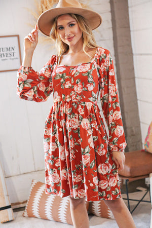 Red Rust Floral Square Neck Button Babydoll Dress