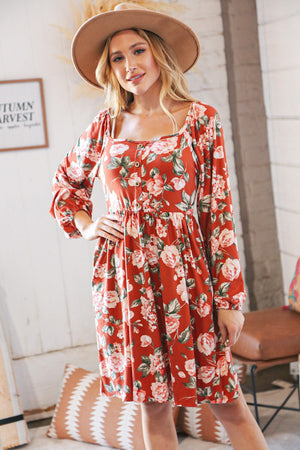 Red Rust Floral Square Neck Button Babydoll Dress