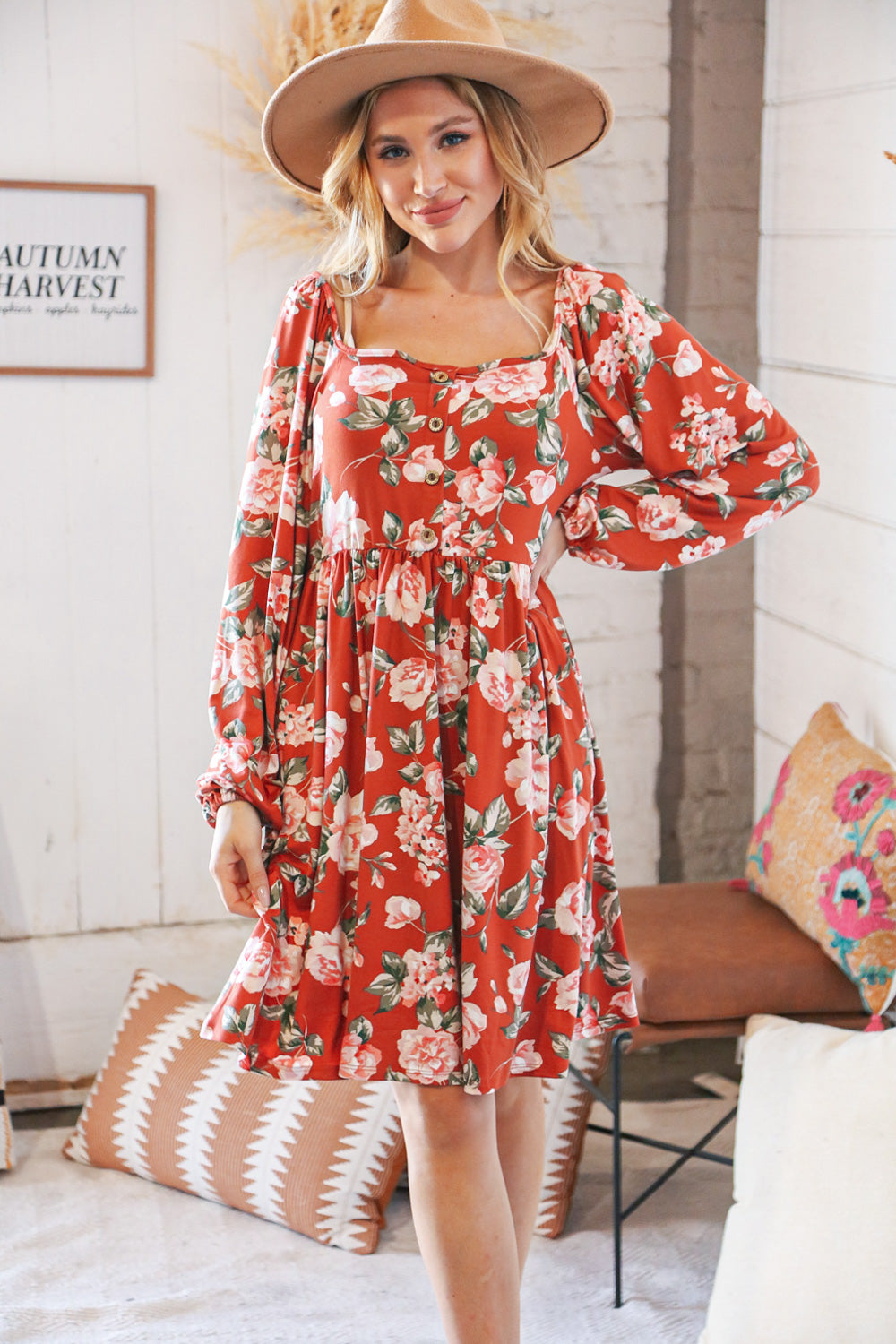 Red Rust Floral Square Neck Button Babydoll Dress