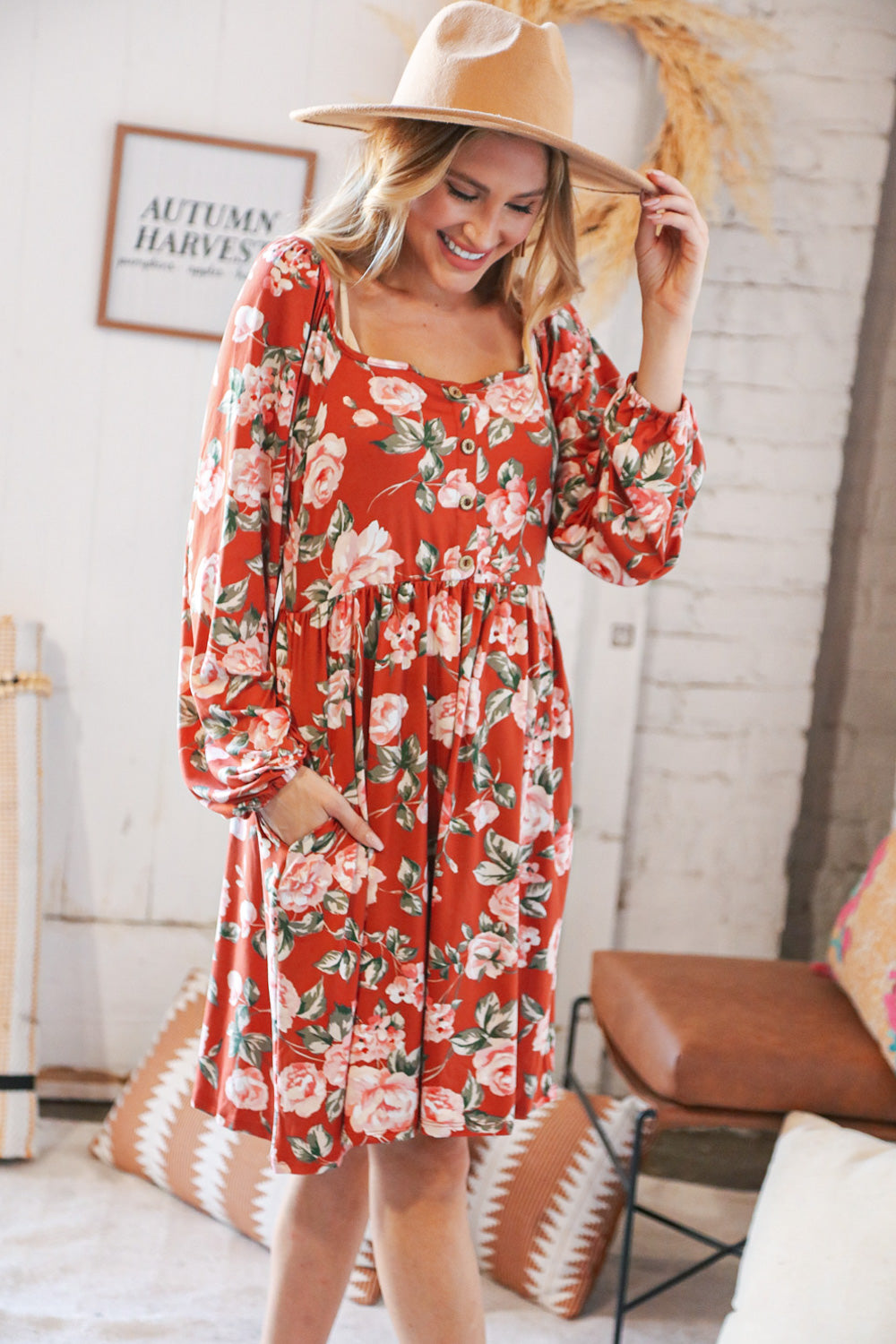 Red Rust Floral Square Neck Button Babydoll Dress