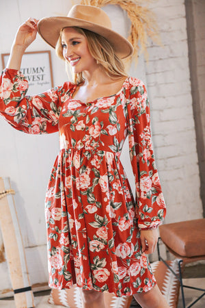 Red Rust Floral Square Neck Button Babydoll Dress