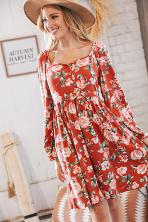 Red Rust Floral Square Neck Button Babydoll Dress