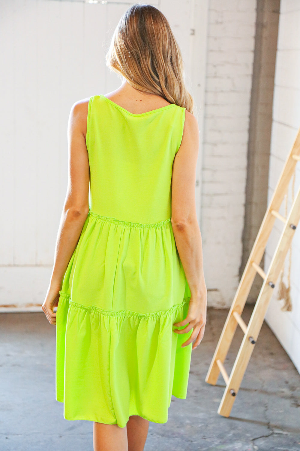 Neon Green Crepe Square Neck Tiered Frill Dress