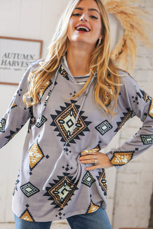 Grey Blue Tribal Hacci Drawstring Hoodie