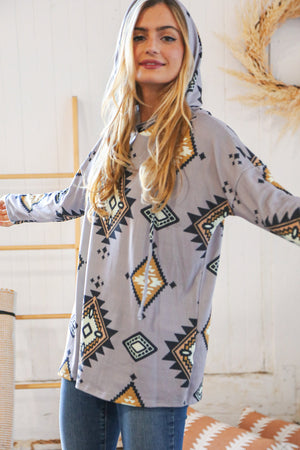 Grey Blue Tribal Hacci Drawstring Hoodie