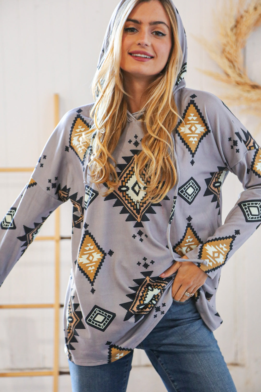 Grey Blue Tribal Hacci Drawstring Hoodie