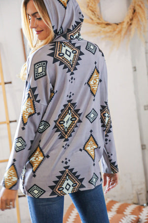 Grey Blue Tribal Hacci Drawstring Hoodie