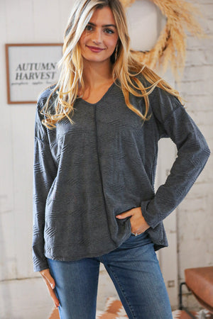 Grey Textured V Neck Drop Shoulder Cotton Pullover