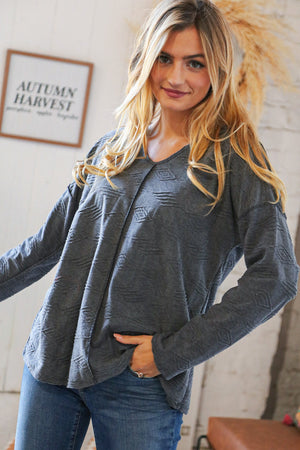 Grey Textured V Neck Drop Shoulder Cotton Pullover