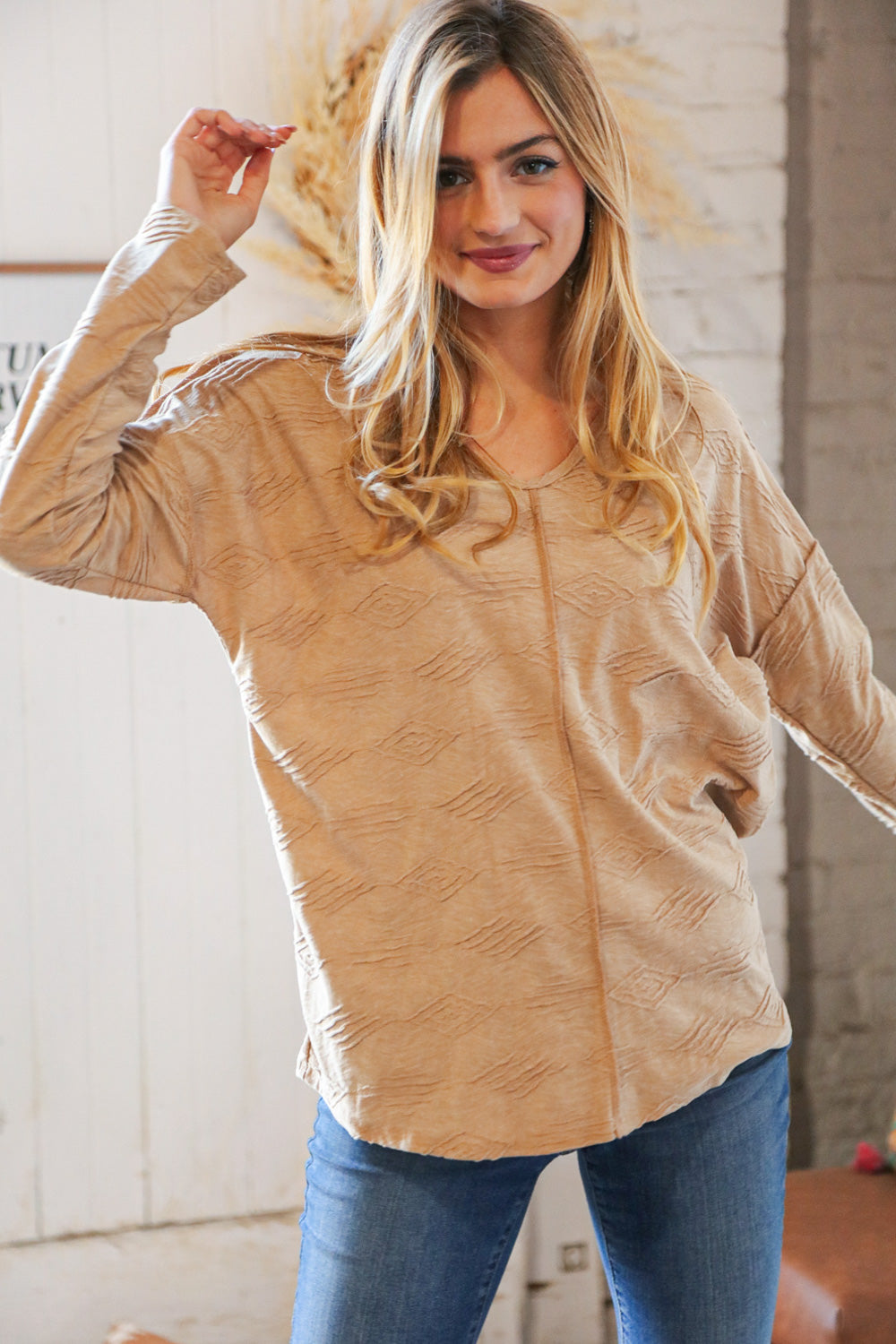 Camel Textured V Neck Drop Shoulder Cotton Pullover