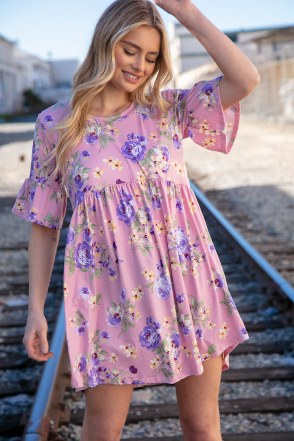 Rose Floral Elbow Length Swing Pocketed Dress