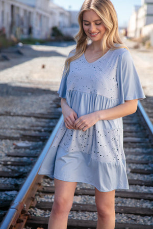 Dusty Blue V Neck Lined Eyelet Knit Flare Flutter Sleeve Dress