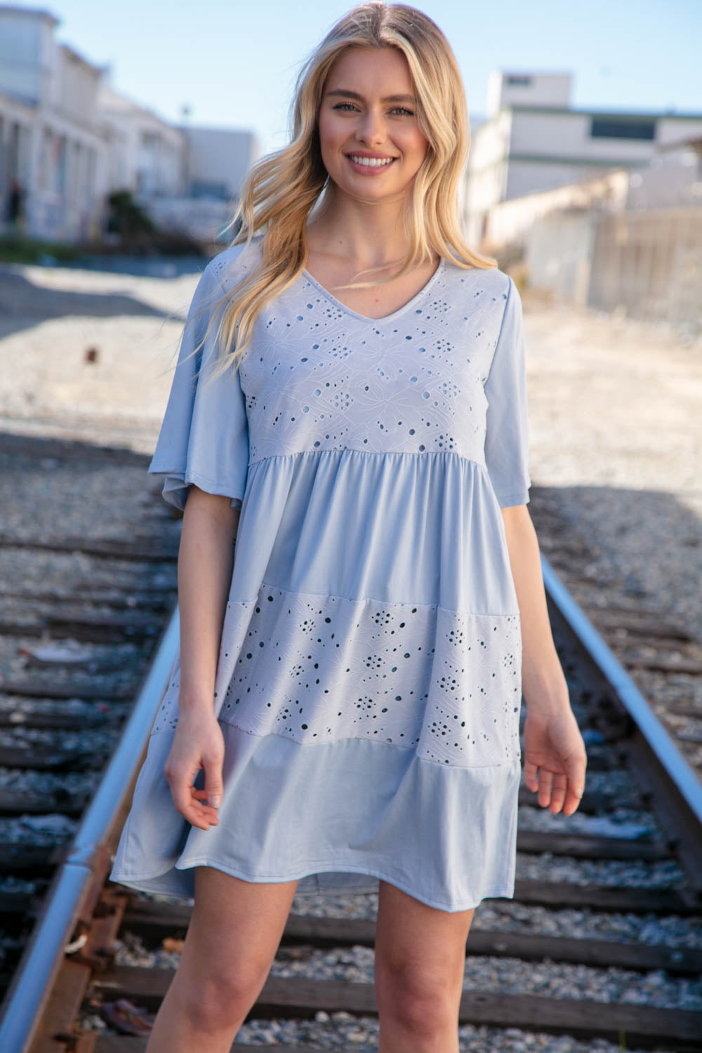 Dusty Blue V Neck Lined Eyelet Knit Flare Flutter Sleeve Dress