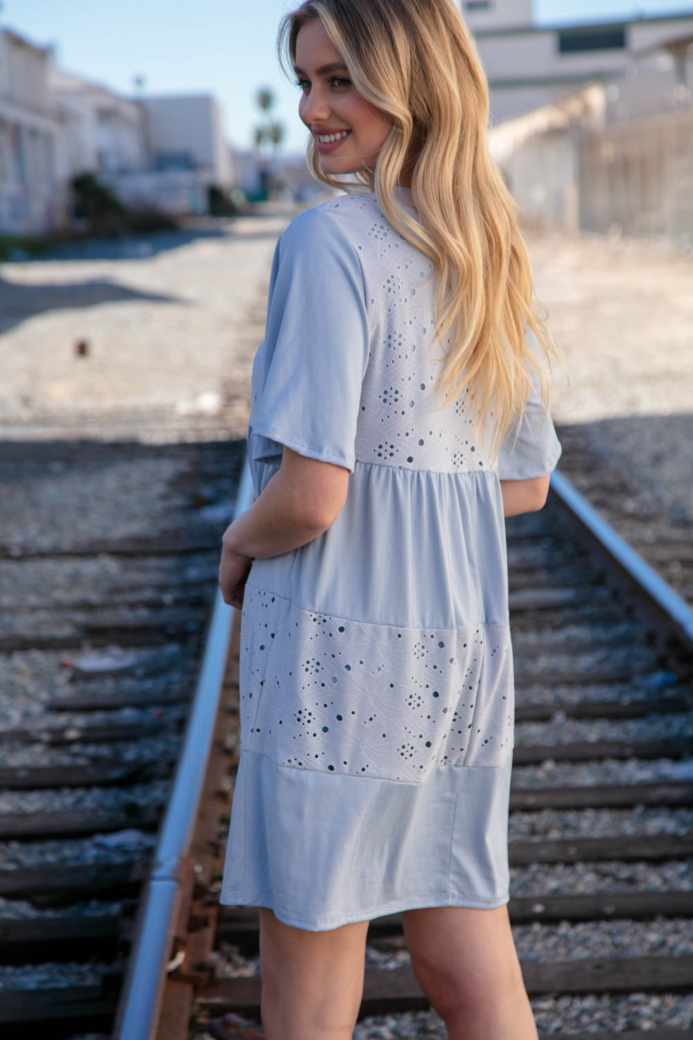 Dusty Blue V Neck Lined Eyelet Knit Flare Flutter Sleeve Dress