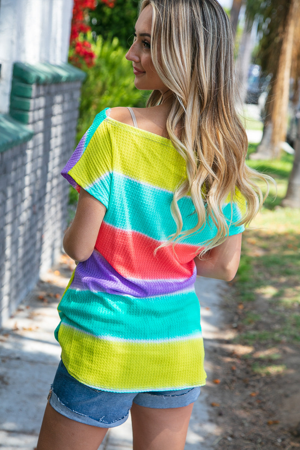 Multicolor Stripe Thermal Off Shoulder Knotted Top