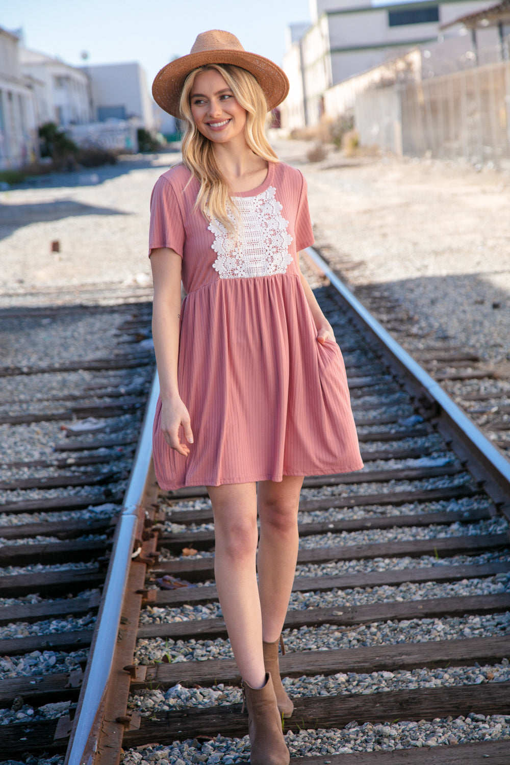 Rose Crochet Detail Rib Knit Dress with Pockets