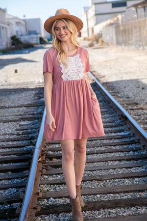 Rose Crochet Detail Rib Knit Dress with Pockets