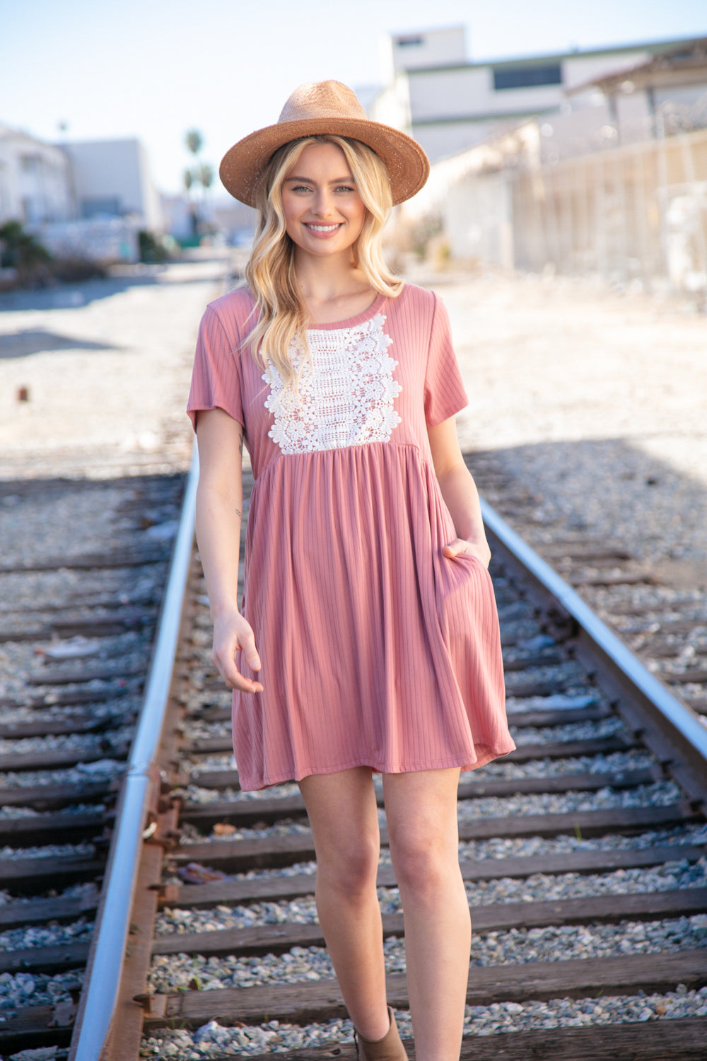 Rose Crochet Detail Rib Knit Dress with Pockets