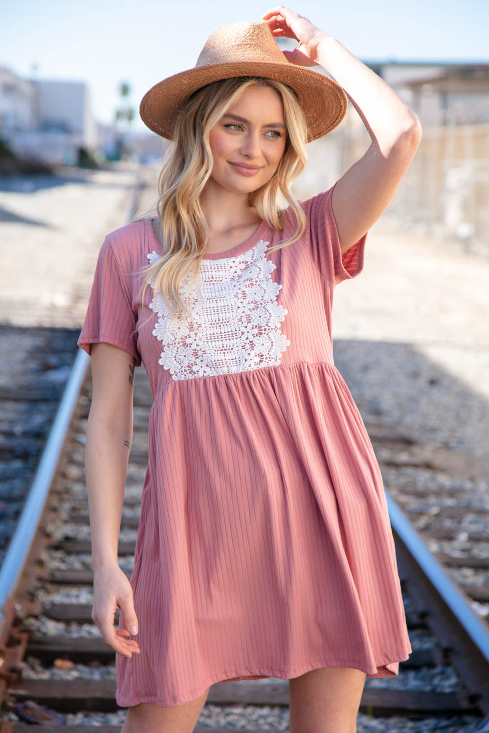 Rose Crochet Detail Rib Knit Dress with Pockets