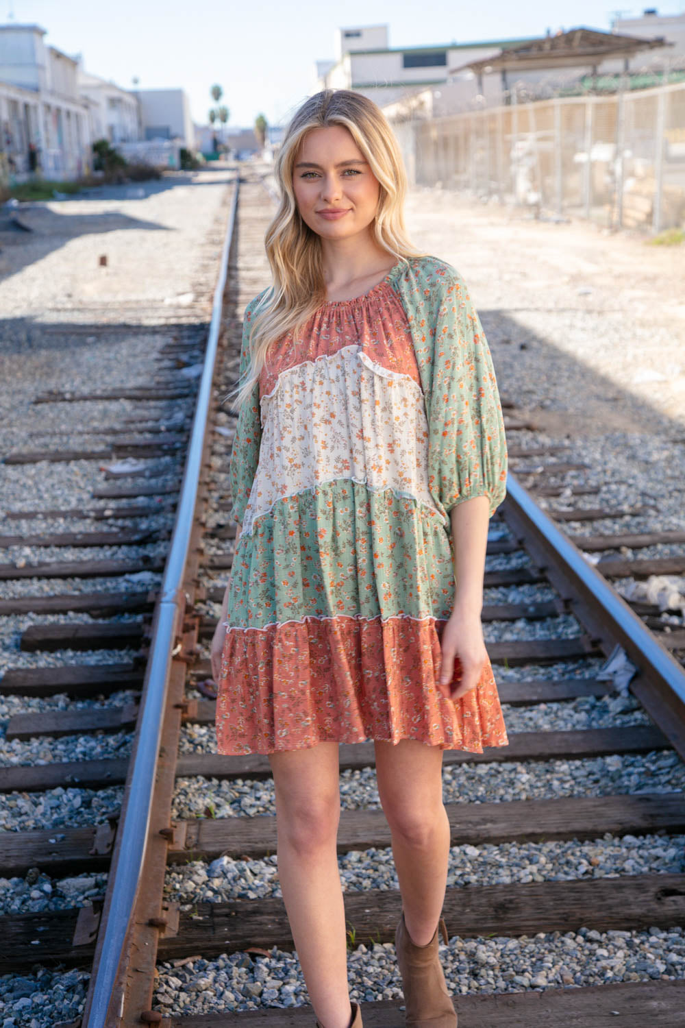 Taupe & Sage Smocked Star Paisley Ruffle Woven Dress