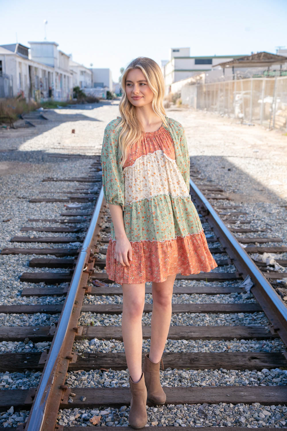 Taupe & Sage Smocked Star Paisley Ruffle Woven Dress