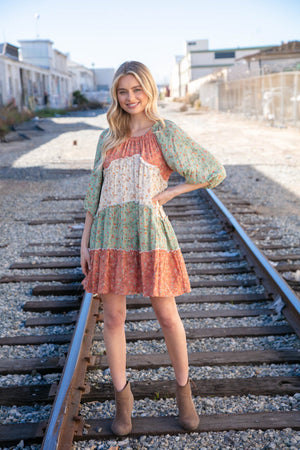 Taupe & Sage Smocked Star Paisley Ruffle Woven Dress