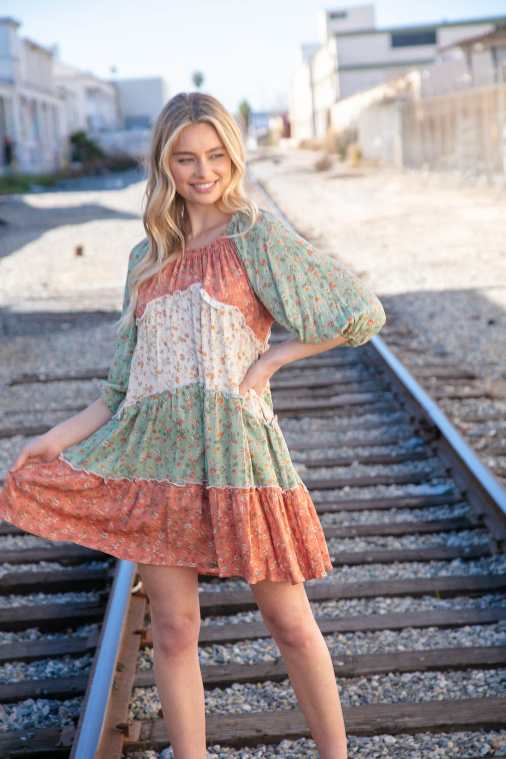 Taupe & Sage Smocked Star Paisley Ruffle Woven Dress