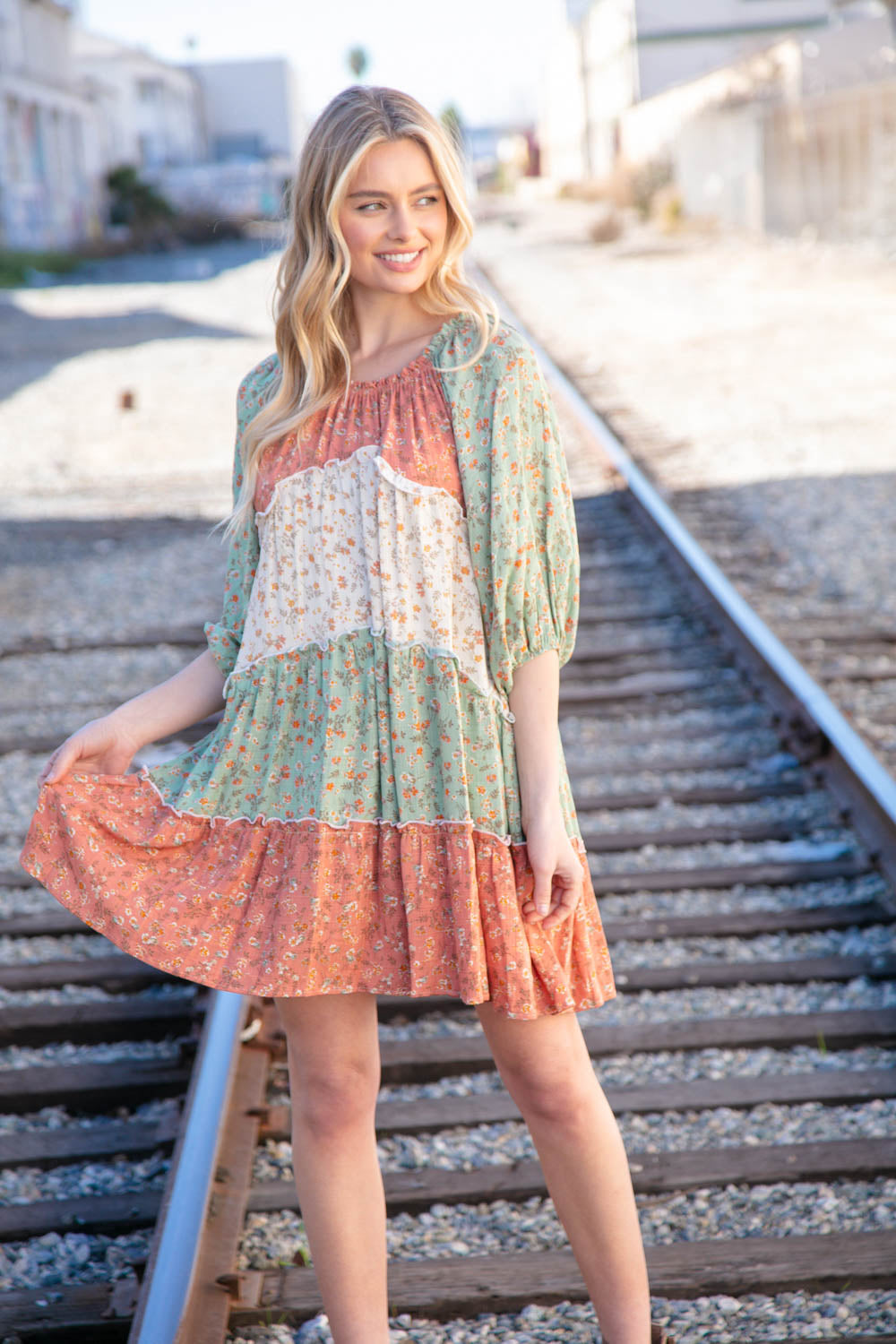 Taupe & Sage Smocked Star Paisley Ruffle Woven Dress