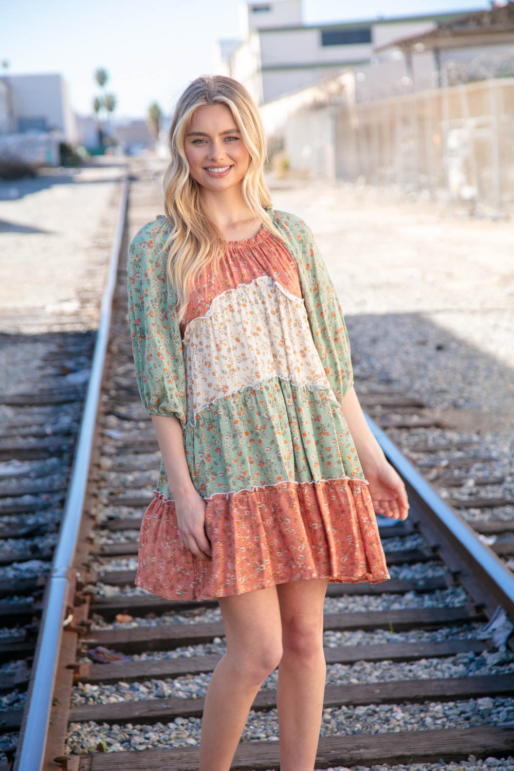 Taupe & Sage Smocked Star Paisley Ruffle Woven Dress