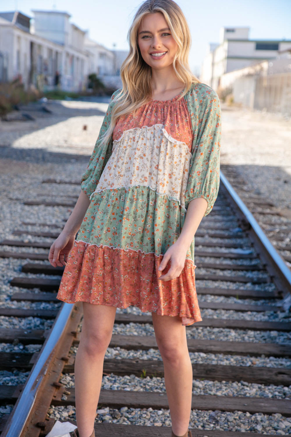 Taupe & Sage Smocked Star Paisley Ruffle Woven Dress