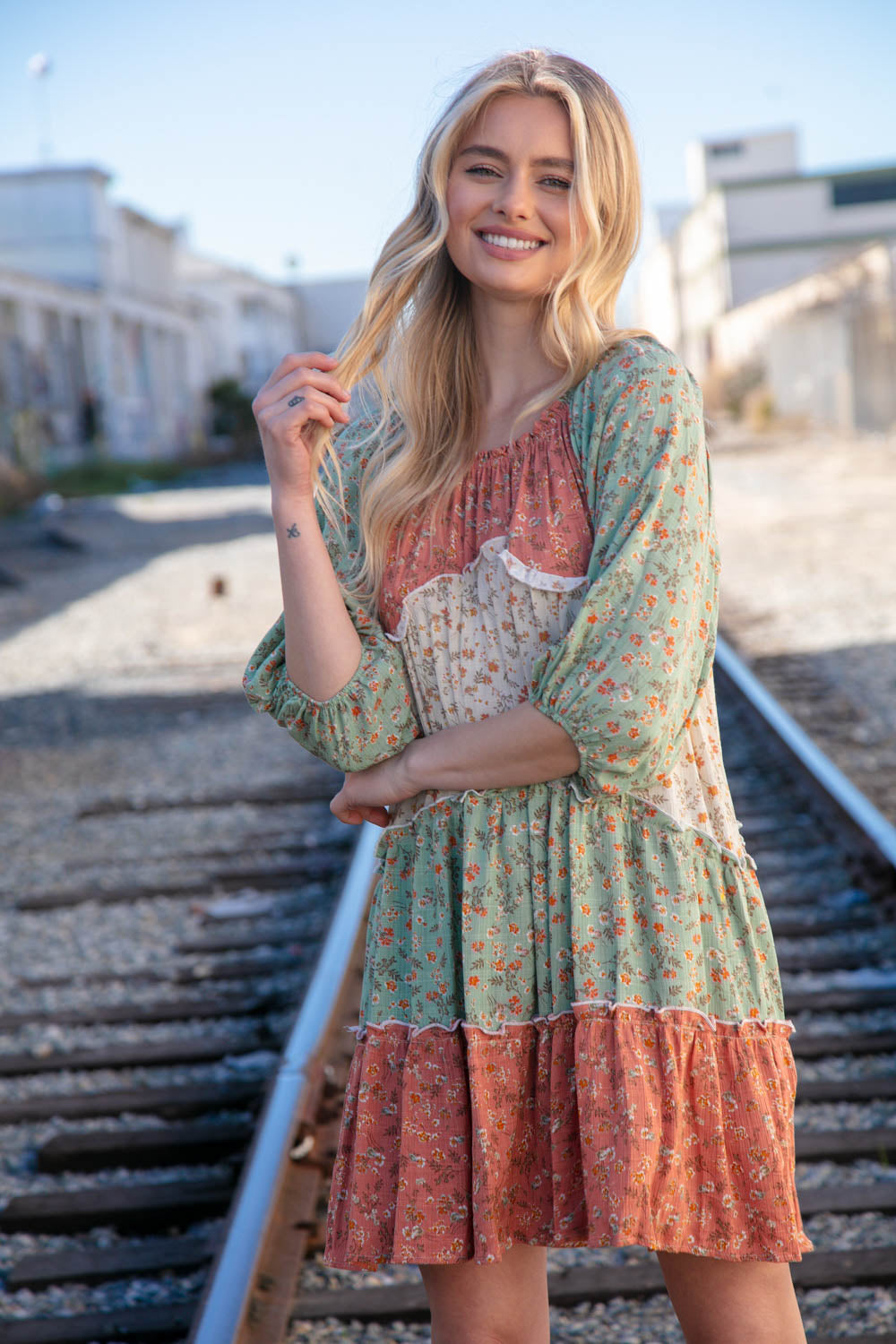 Taupe & Sage Smocked Star Paisley Ruffle Woven Dress