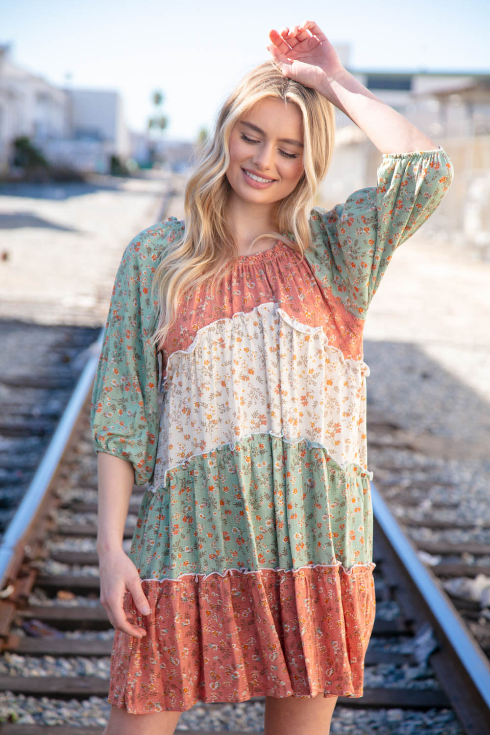 Taupe & Sage Smocked Star Paisley Ruffle Woven Dress