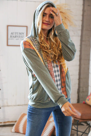 Moss Multi-Plaid French Terry Pocketed Hoodie