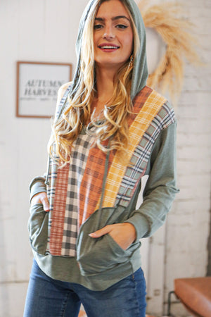 Moss Multi-Plaid French Terry Pocketed Hoodie