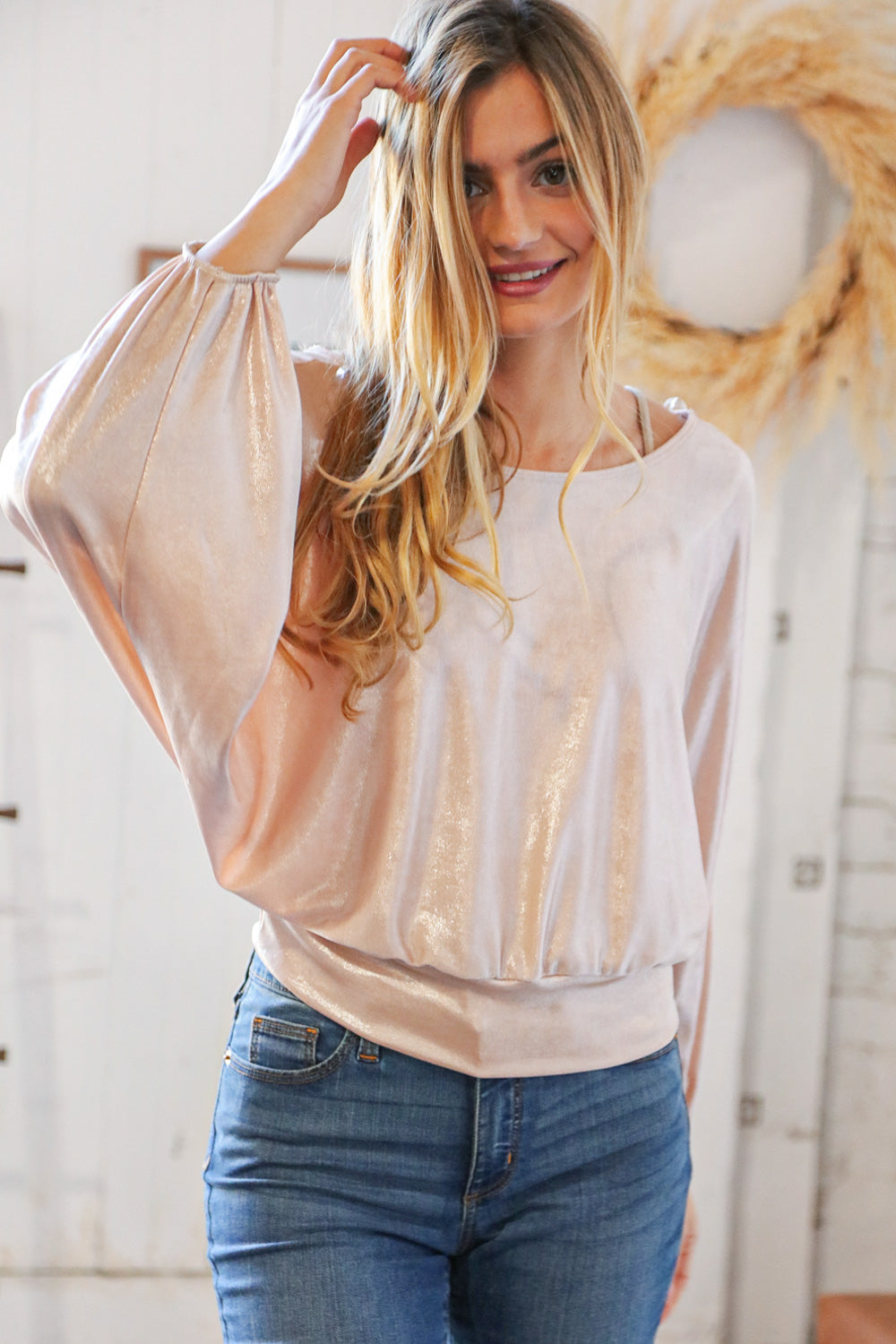 Metallic Glitter Dolman Tie Back Knit Top