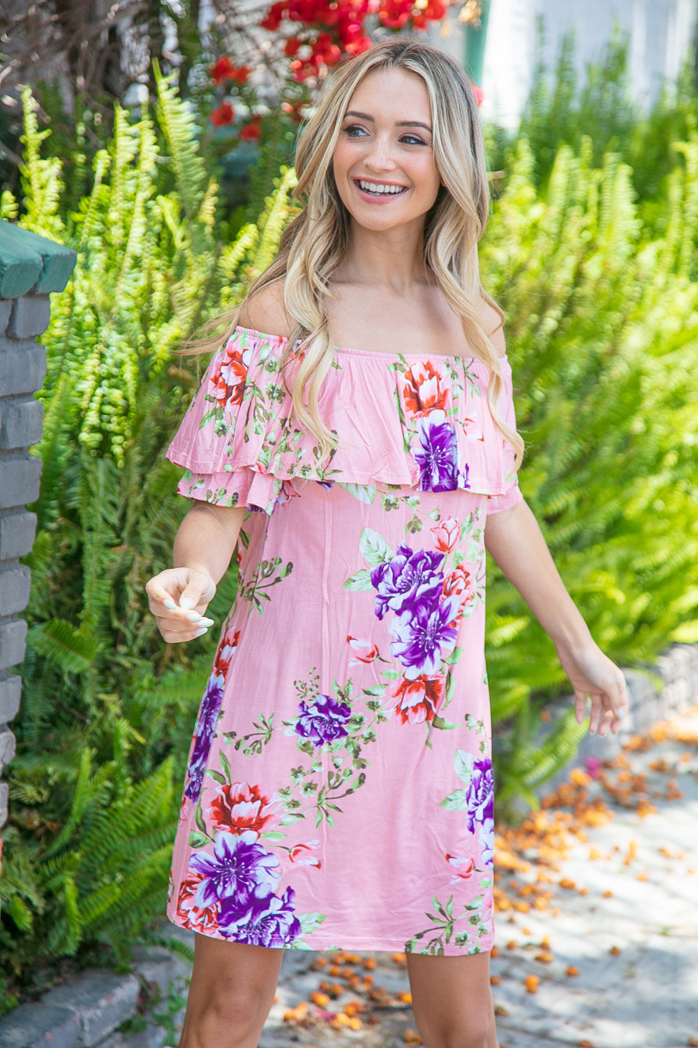 Peach Floral Ruffle Off Shoulder Dress