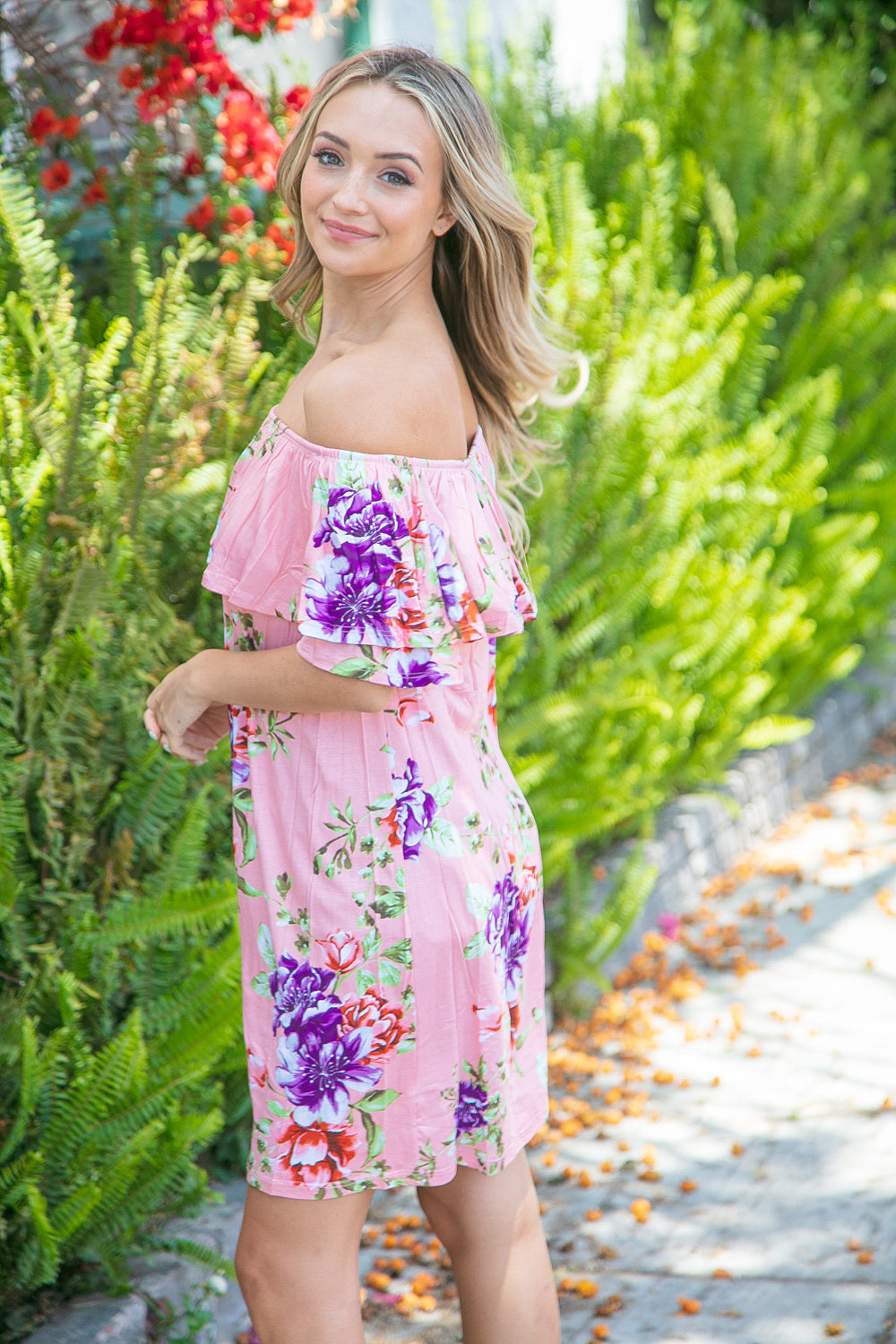 Peach Floral Ruffle Off Shoulder Dress