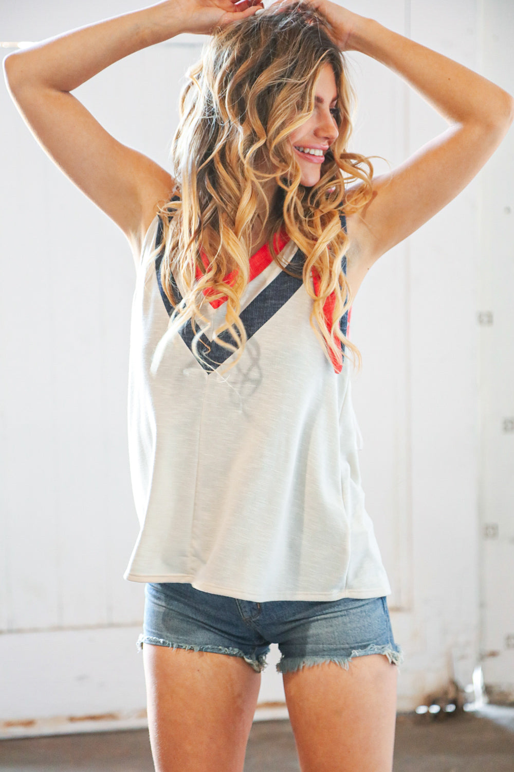 Navy & Red V Neck Tie Shoulder Color Block Sleeveless Top