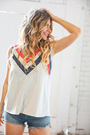 Navy & Red V Neck Tie Shoulder Color Block Sleeveless Top