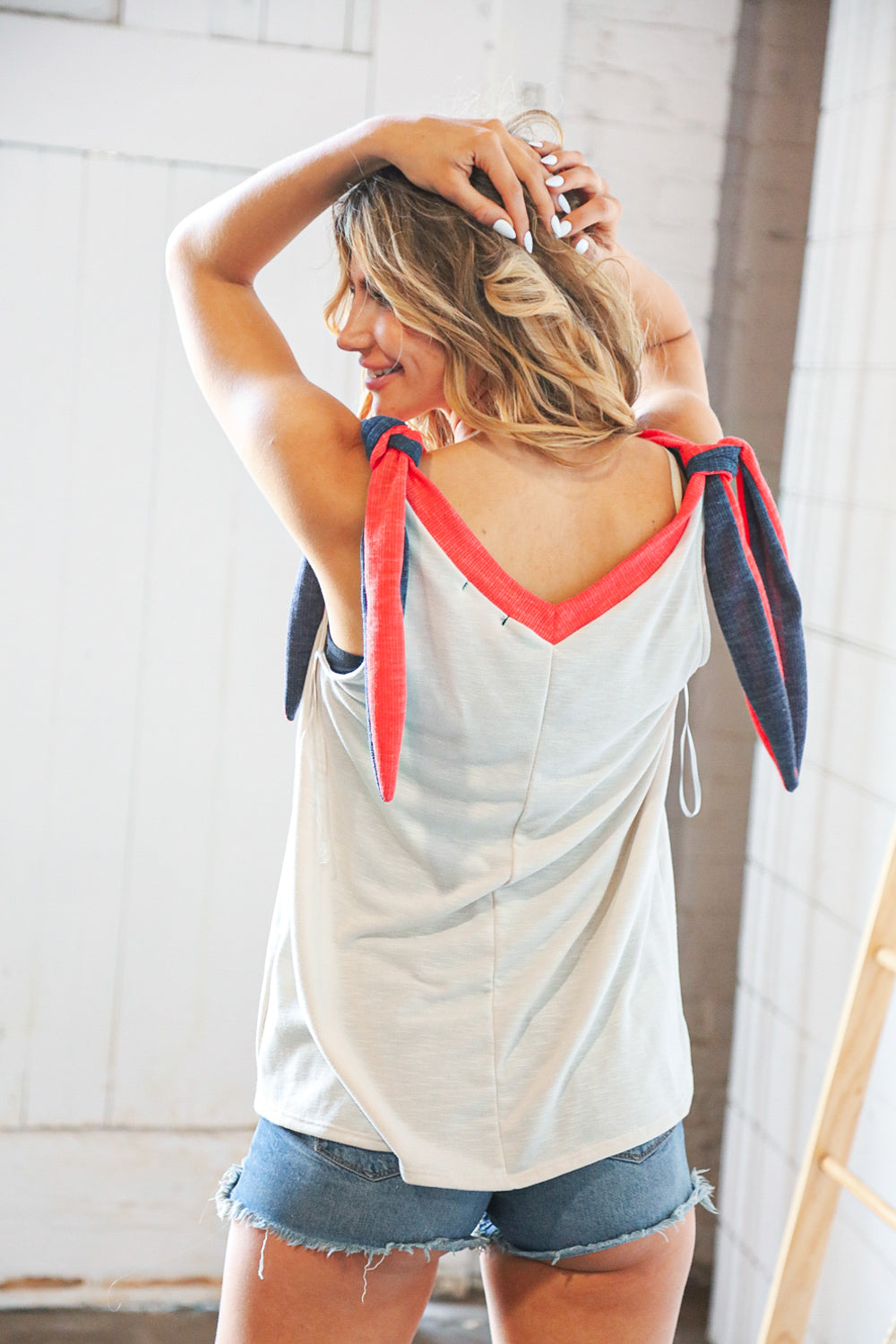 Navy & Red V Neck Tie Shoulder Color Block Sleeveless Top