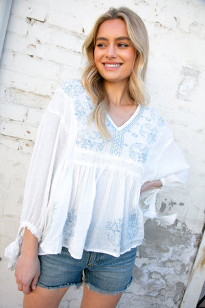 White V Neck Embroidered Crochet Lace Swiss Dot Top