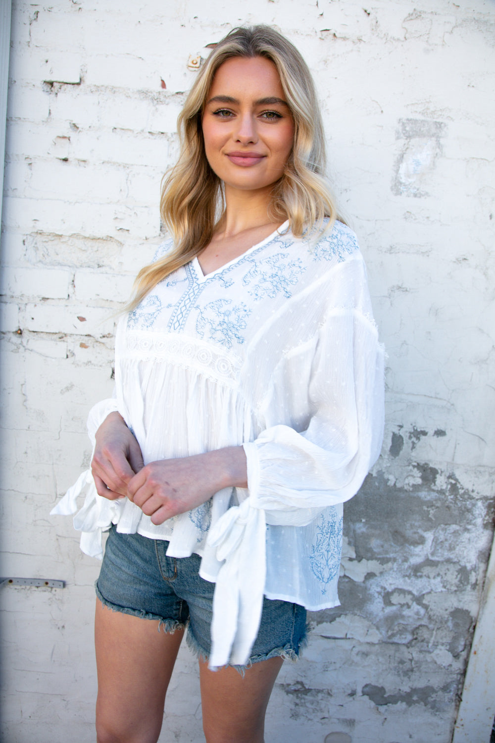 White V Neck Embroidered Crochet Lace Swiss Dot Top