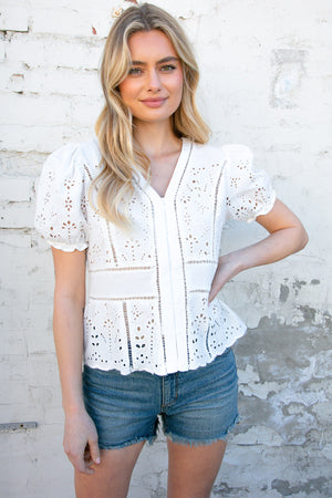 Cream Eyelet Crochet Short Sleeve Button Down Top