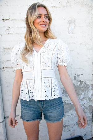 Cream Eyelet Crochet Short Sleeve Button Down Top