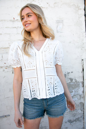 Cream Eyelet Crochet Short Sleeve Button Down Top