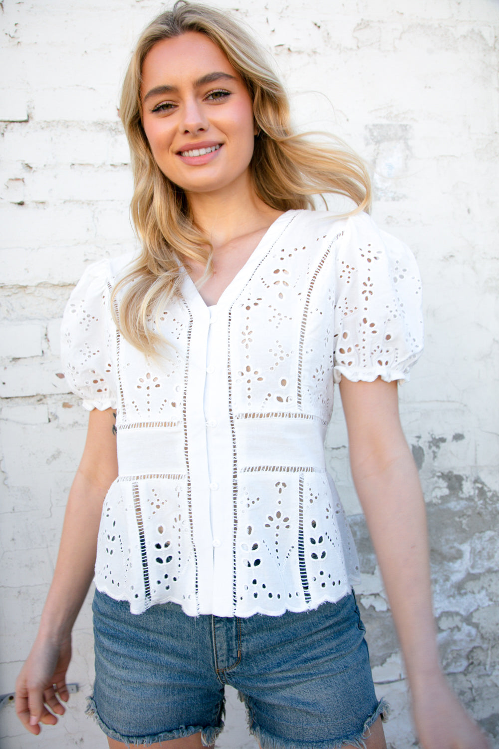 Cream Eyelet Crochet Short Sleeve Button Down Top