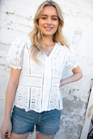 Cream Eyelet Crochet Short Sleeve Button Down Top