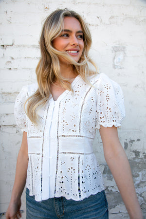 Cream Eyelet Crochet Short Sleeve Button Down Top