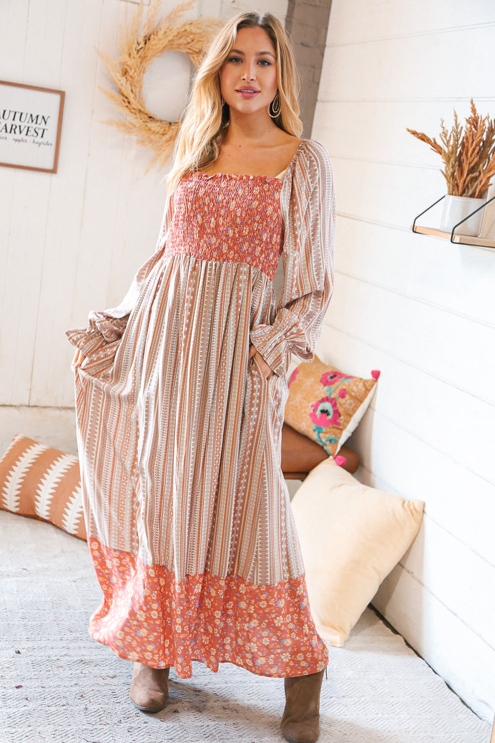 Ethnic Floral Smoked Bodice Maxi Dress