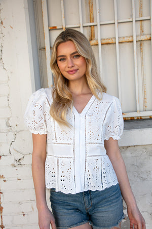 Cream Eyelet Crochet Short Sleeve Button Down Top